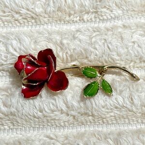 Vintage Giovanni Red Rose Brooch With Green Leaves